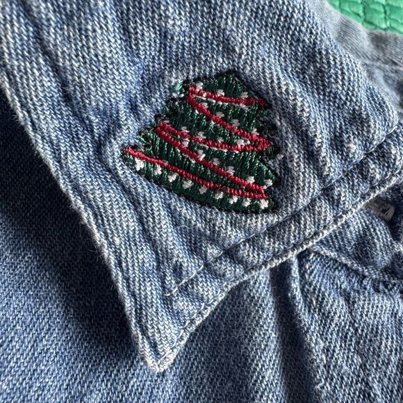 Vintage 90s Quizz Denim Button Up Shirt Sz L Christmas Bears Embroidery Winter - Picture 11 of 16